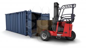 3d render of forklift truck loading a container