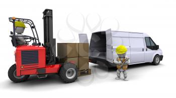 3d render of man in forklift truck loading a van
