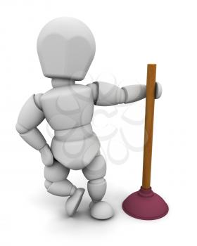 3D render of a plumber with a plunger
