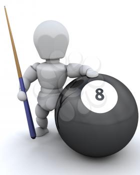 3D render of a man with 8 ball and pool cue