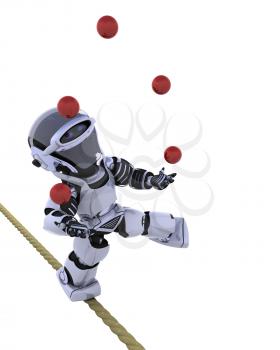 3D render of a robot juggling balls on tight rope