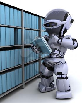 3D Render of robot at bookshelf