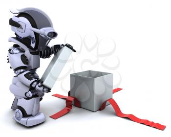 3D render of a robot opening gift box with bow