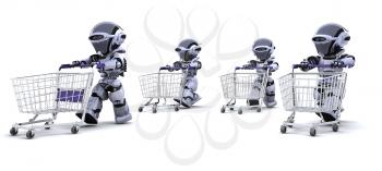 3D render of robots running with shopping carts