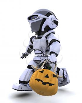 3D render of a robot with jack o lantern pumpkin