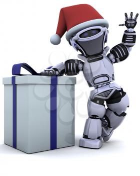 3D render of a robot with christmas gift box with bow