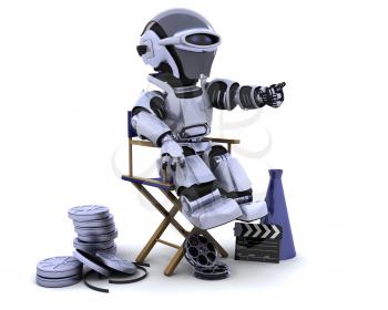 3D render of a robot with megaphone and directors chair