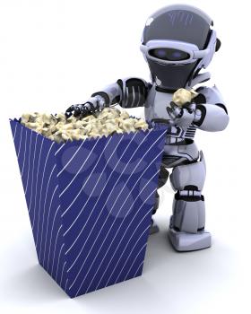 3D render of a robot with a box of popcorn