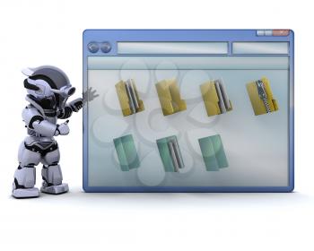 3D render of robot with computer window and folder icons