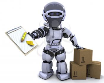 3D render of a robot with clipboard and boxes