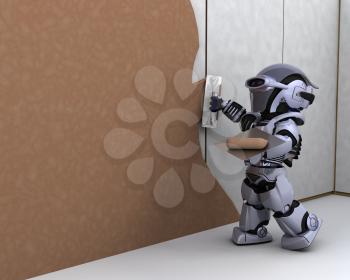 3D render of robot robot contractor building a drywall
