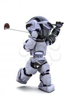 3D render of robot with club playing golf