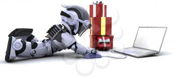 3D render of a robot shopping for gifts on a computer