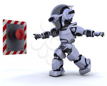 3D render of a robot and push button