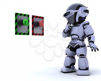 3D render of a robot and push button