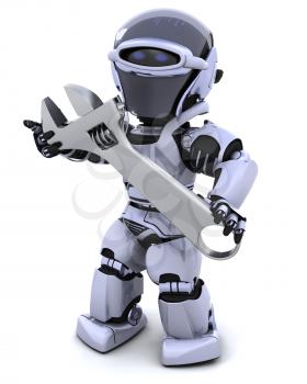3D render of a robot and adjustable wrench