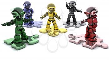 3D render of robots on jigsaw pieces solving problems