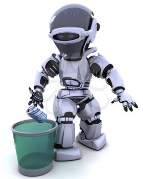 3D Render of a robot with trash and trash can