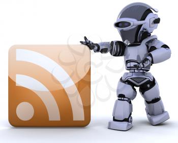 3D render of a robot with an RSS icon