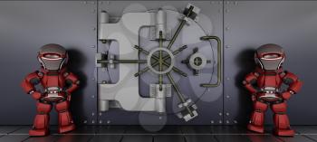 3D render of a robots guarding a bank vault