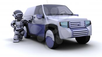 3D render of robot with SUV concept car