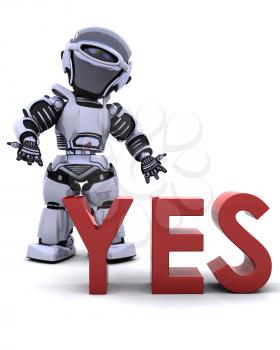3D render of a robot with a yes sign