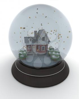 3D render of little house in winter snow globe