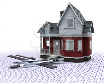 3D render of a timber house on a grid with drawing instruments