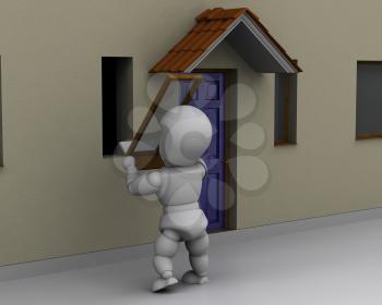3D render of man fitting window to house