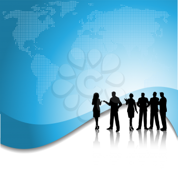 Silhouette of a group of business people on a world map background