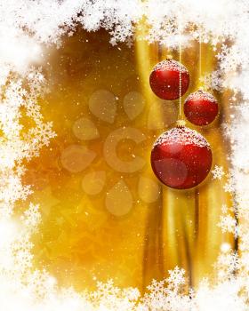 Hanging Christmas baubles on snowflake background