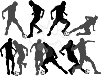 Silhouettes of footballers in various tackling poses