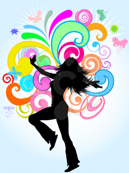 Silhouette of a funky female on a bright coloured abstract background