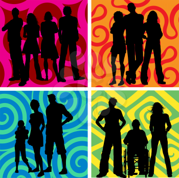 Silhouettes of groups of people on abstract backgrounds