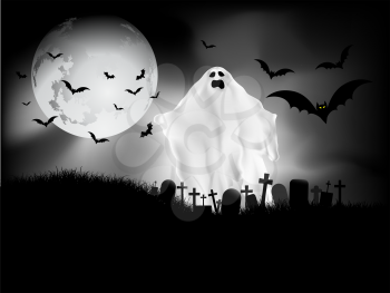 Spooky Halloween background with ghost in the graveyard
