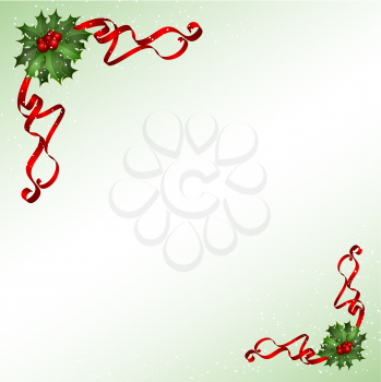 Decorative Christmas background with holly, berries and red ribbon