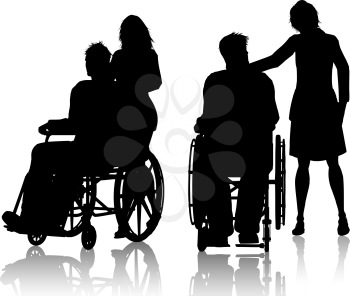 Silhouette of men in wheelchairs with a woman