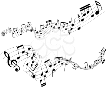 Abstract designs of music notes on a white background