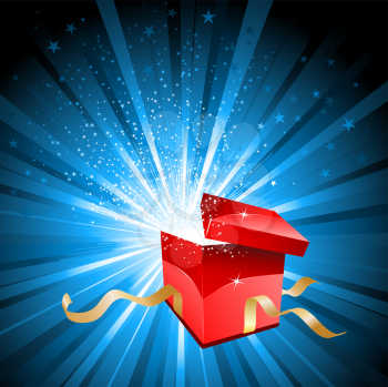 Open gift box with stars bursting out of it