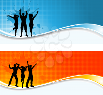 Silhouettes of people dancing on abstract grunge backgrounds