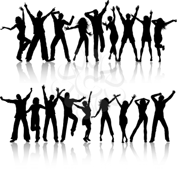 Silhouettes of people dancing on white background