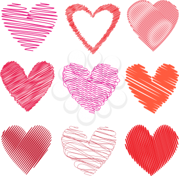 Various different styles of scribbled hearts on white background