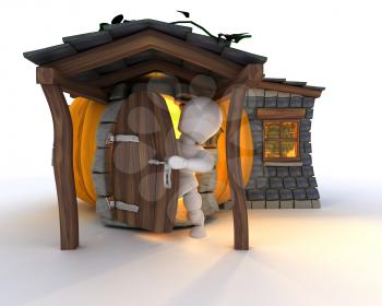 3D Render of Man in Halloween Pumpkin Cottage