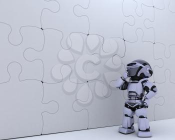 3D render of a Robot with jigsaw puzzle business metaphor