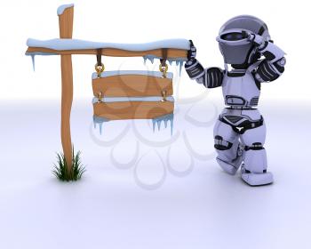 3d render of a robot with a frozen blank road sign
