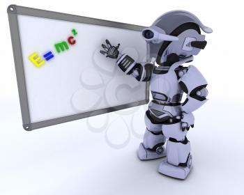3D render of a Robot with White class room drywipe marker board