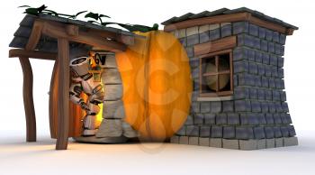 3D Render of Robot in Halloween Pumpkin Cottage