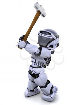 3D render of robot with a sledge hammer
