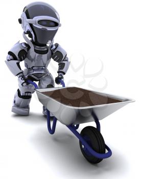 3D render of a robot gardener with a wheel barrow carrying soil