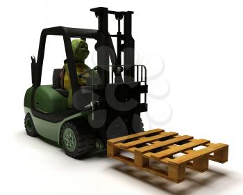 3D render of Tortoise driving a forklift truck